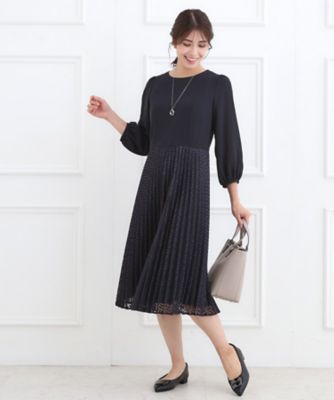 【新品タグ付き】【大きめ】【洗える】ReflectプリーツシフォンワンピースLL お仕事に◎】シフォン×幾何柄レースプリーツワンピース