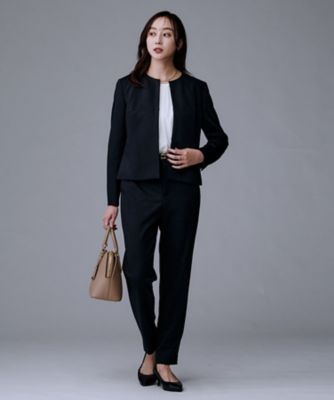 美品　アンタイトル　ストレッチ　ウォッシャブル　ジャージスーツ　3ピース　M　黒 洗えるスーツ／ストレッチ】ウール混ジャージ ノーカラージャケット