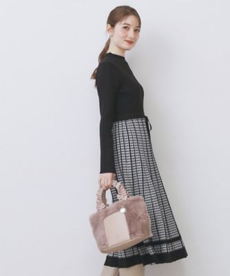 千鳥チェックバイカラーニットワンピース【洗濯機OK／抗ピル