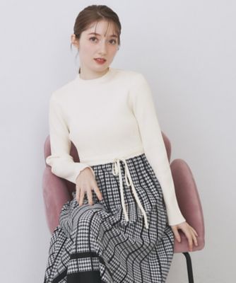 アランニット風　チェックワンピース　（白）見本です 千鳥チェックバイカラーニットワンピース【洗濯機可・抗ピリング