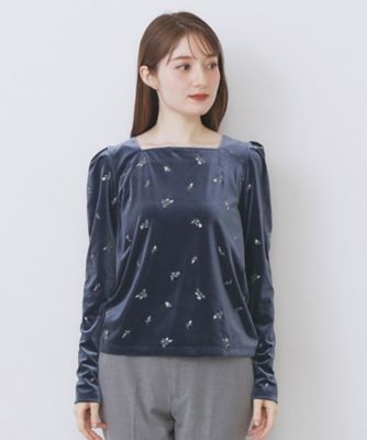 バックシャン小花刺繍ベロアトップス【洗濯機OK