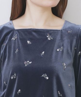 バックシャン小花刺繍ベロアトップス【洗濯機OK