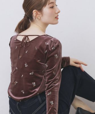 バックシャン小花刺繍ベロアトップス【洗濯機OK