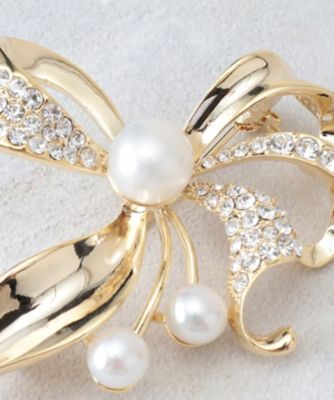 淡水パール／ストーン】ダブルリボンブローチ（2002529121