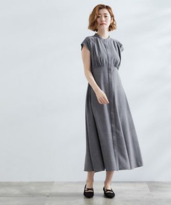 ウエスト高見えでスタイルアップ 上品スタンドカラーシャツワンピース