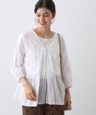 【美品】LOHEN　22ss プルオーバーブラウス 袖切り替え タック ホワイト 洗える】フロントリボン七分袖ブラウス（2002532711