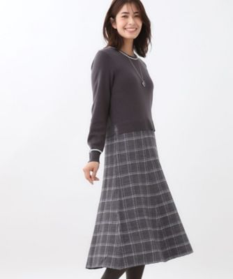 ＜Reflect (Women)＞【秋映え／コートインでもすっきり◎】チェック柄ニットドッキングワンピース（２００２５３３６６５）