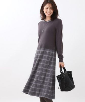 コートインでもすっきり◎】チェック柄ニットドッキングワンピース