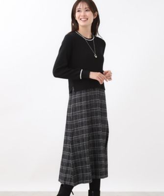 コートインでもすっきり◎】チェック柄ニットドッキングワンピース