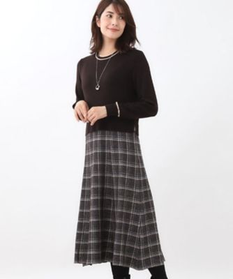 コートインでもすっきり◎】チェック柄ニットドッキングワンピース