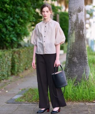 洗える／前開き】ボリュームスリーブストライプブラウス