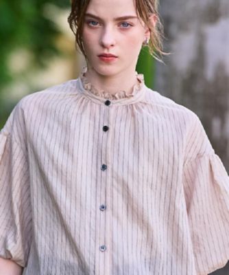 洗える／前開き】ボリュームスリーブストライプブラウス