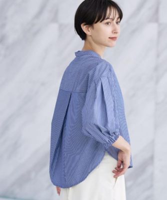 現行品です試着のみ美品ichiAntiquités ギャザーブラウス ストライプ 洗える】ストライプギャザー袖ブラウス（2002535877
