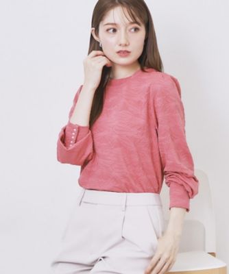 tea.　新品未使用ドロワーパフスリーブトップス 36 ピンク フラワージャカードパフスリーブトップス【洗濯機OK