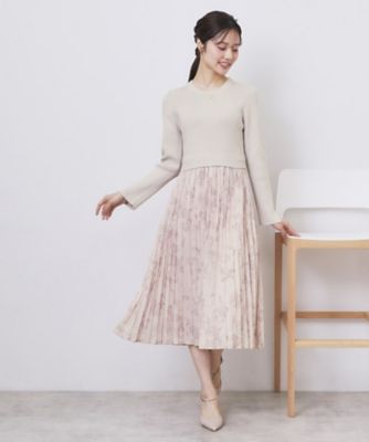 フラワープリーツドッキングニットワンピース【洗濯機洗い可