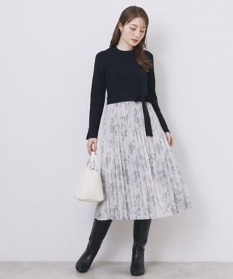 フラワープリーツドッキングニットワンピース【洗濯機洗い可