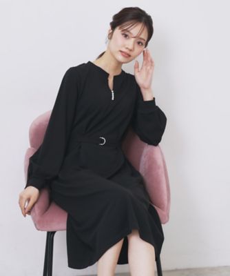 パール調ボタン付きキーネックワンピース【洗濯機OK】《S～3L