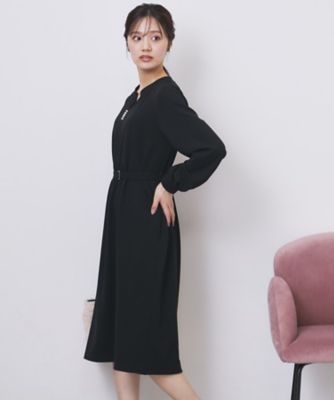 パール調ボタン付きキーネックワンピース【洗濯機OK】《S～3L