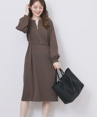 パール調ボタン付きキーネックワンピース【洗濯機OK】《S～3L