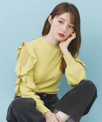 ハイネックシアーフリルスリーブニット【洗濯機OK／抗ピル