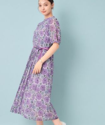 【美品】スーナウーナ シフォンワンピース プリーツ 七分袖 花柄 パープル 40 ＆yours project／SS～L】レース柄プリーツ