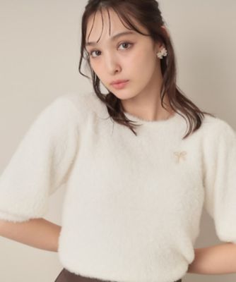 着映え・5分袖・フェミニン】ラメフェザー半袖ニット