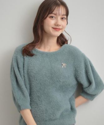 着映え・5分袖・フェミニン】ラメフェザー半袖ニット