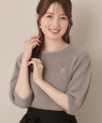 着映え・5分袖・フェミニン】ラメフェザー半袖ニット