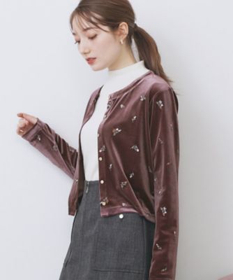 小花刺繍ベロアショートカーディガン【洗濯機OK