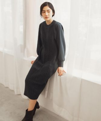 一枚で華やぐ、袖布帛ケーブルニットワンピース（2002538418