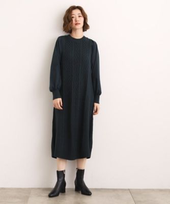 石川梨華さん着用】一枚で華やぐ、袖布帛ケーブルニットワンピース