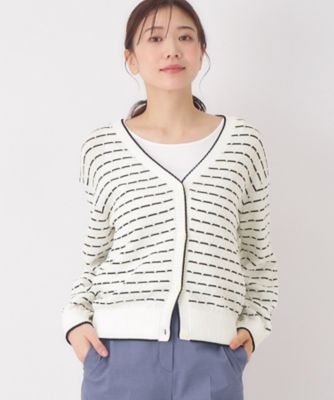 ＜CORDIER (Women)＞【Ｍ～３Ｌサイズ／洗える】ダイヤ柄ボーダーＶネックカーディガン（２００２５３８５９９）