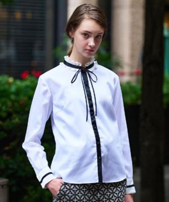 洗える／コットン100％】フリルカラーボウタイブラウス