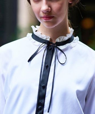 洗える／コットン100％】フリルカラーボウタイブラウス