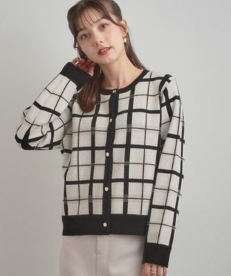 TRAVAS TOKYO チェック柄カーディガン グレー ジャカードニット 大人可愛い・通勤】チェックジャカード ニットカーディガン