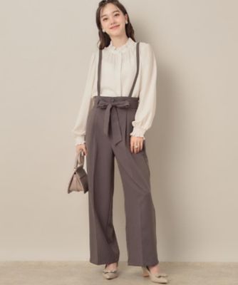 帯電防止・通勤】ウエストリボン サスペンダー付きワイドパンツ