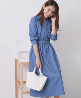 index (Women)/インデックス シャンブレーツイルドッキングフレアワンピース【洗濯機OK/イージーアイロン】(2002542629) アオ093 ワンピース・ドレス【三越伊勢丹/公式】