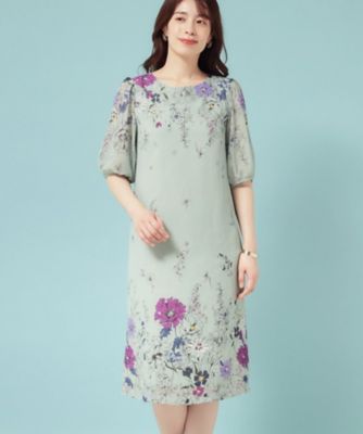 美品♪SunaUna スーナウーナ スタンドカラー 花柄 プリーツワンピース コスモス】フラワーパネル柄ワンピース（2002544410