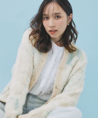 フェザー幾何ジャカードクルーミドルカーディガン【洗濯機OK