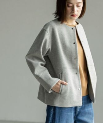 未使用級 OUR♡頼れるノーカラーコート 撥水 洗濯可 軽量 ベージュ ウールライクメルトンノーカラーコート【洗濯機洗い可