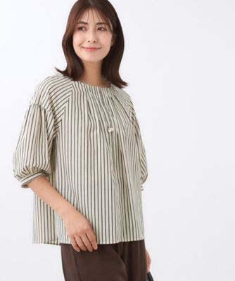＜Reflect (Women)＞【Ｅ‐ＱＵＡＬＩＴＹ／体型カバー／ゆったり着られる◎】ストライプ×パフスリーブのブラウス（２００２５４５１３９）