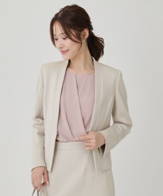 極美品 自由区ジャージーノーカラージャケット スカート セットアップ34定価5万 日本製／セットアップ可】ジャージ素材のカラーレスジャケット