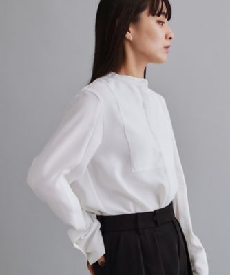 es】ブザム切替バンドカラーシャツブラウス【洗濯機OK／防シワ