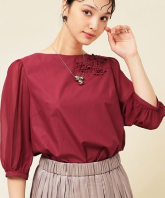 フラワーモチーフ付き／袖シフォン】肘下丈ブラウス