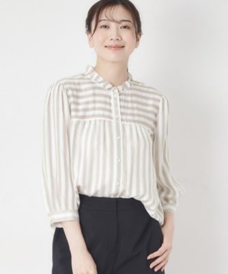＜CORDIER (Women)＞【お顔周りが華やぐ】グレースストライプフリルブラウス（２００２５５２８８２）