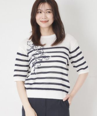 ＜CORDIER (Women)＞【洗える／麻混】ボーダー柄スパンコール刺繍プルオーバーニット（２００２５５２８９１）