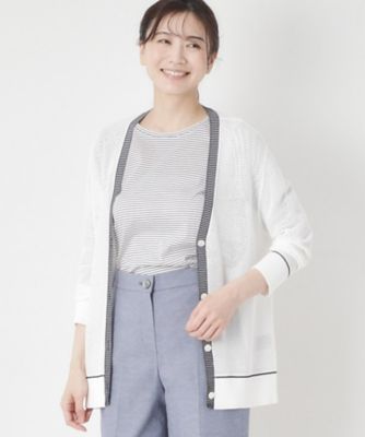 ＜CORDIER (Women)＞【Ｍ～４Ｌサイズ／アンサンブル／洗える】配色ラインデザインメッシュカーディガンニット（２００２５５２８９６）