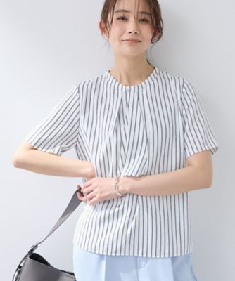 ストライプ柄 半袖ブラウス ホワイトサイズ3 洗える／UVケア】ストライプ柄＆無地 ボウタイ風 半袖ブラウス