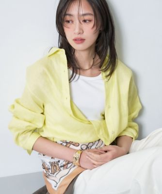 【23区】LIBECO 麻100% ノースリーブ2wayカシュクールシャツ 黄色 接触冷感／2WAY】カシュクールリネンシャツ（2002553064