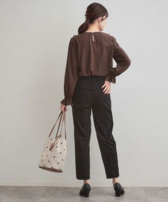 通勤・美脚見え・あったか】裏起毛パール調スカラ裾デザインパンツ